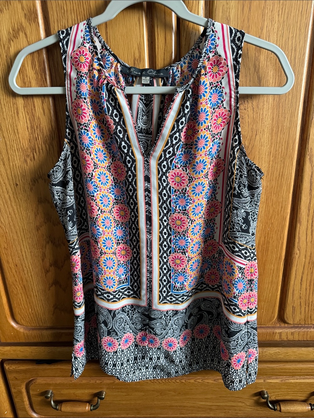 Rose & Olive Floral Border Sleeveless V-Notch Tank - Pink, Blue, Black